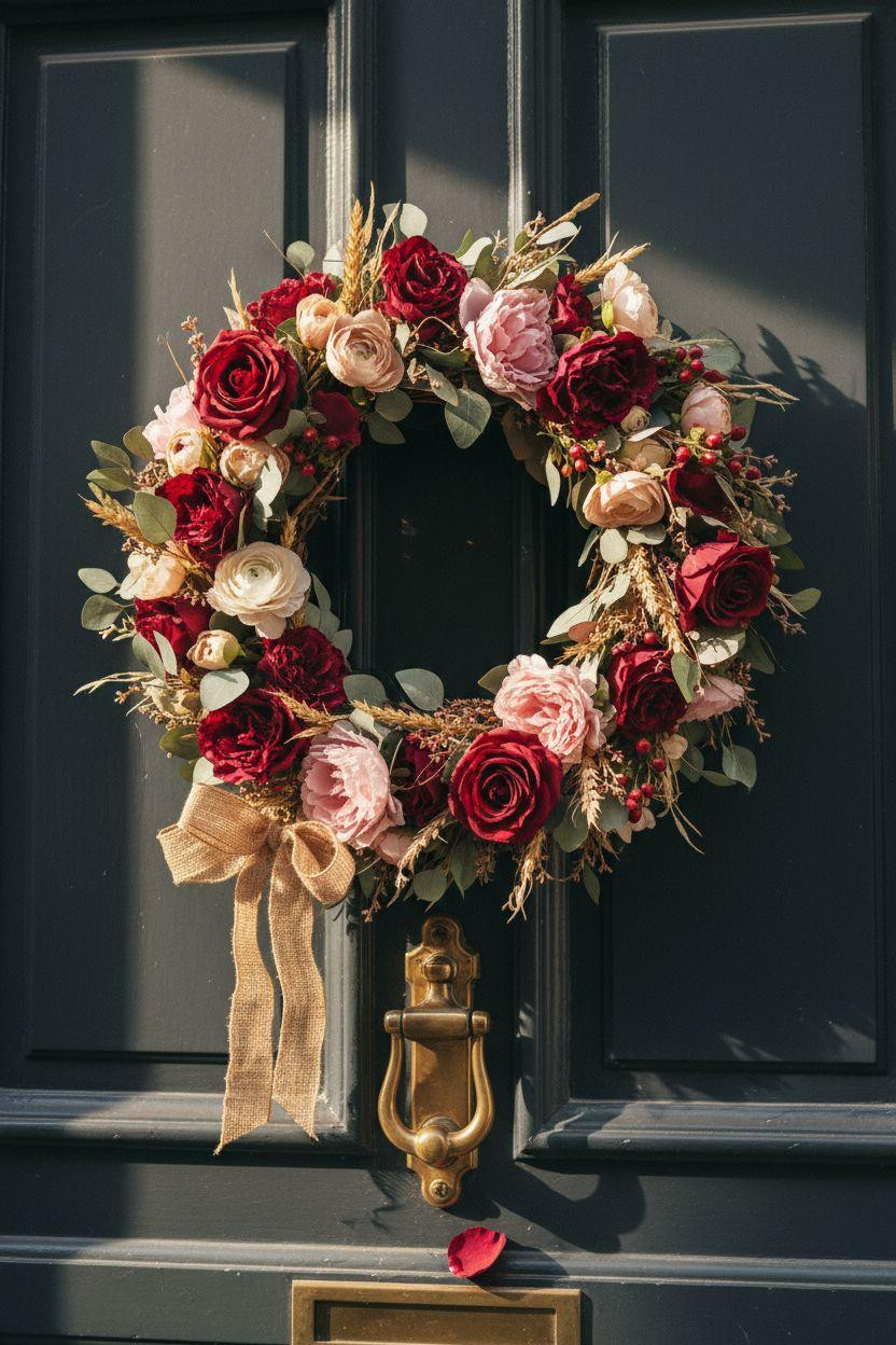 Valentine's Day wreath with crimson roses on charcoal painted door