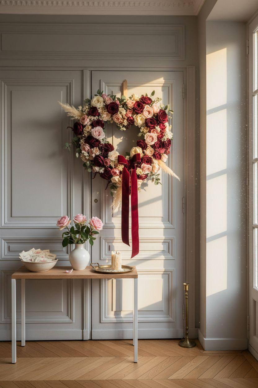 Valentine's Day wreath with deep burgundy roses and crimson velvet ribbon
