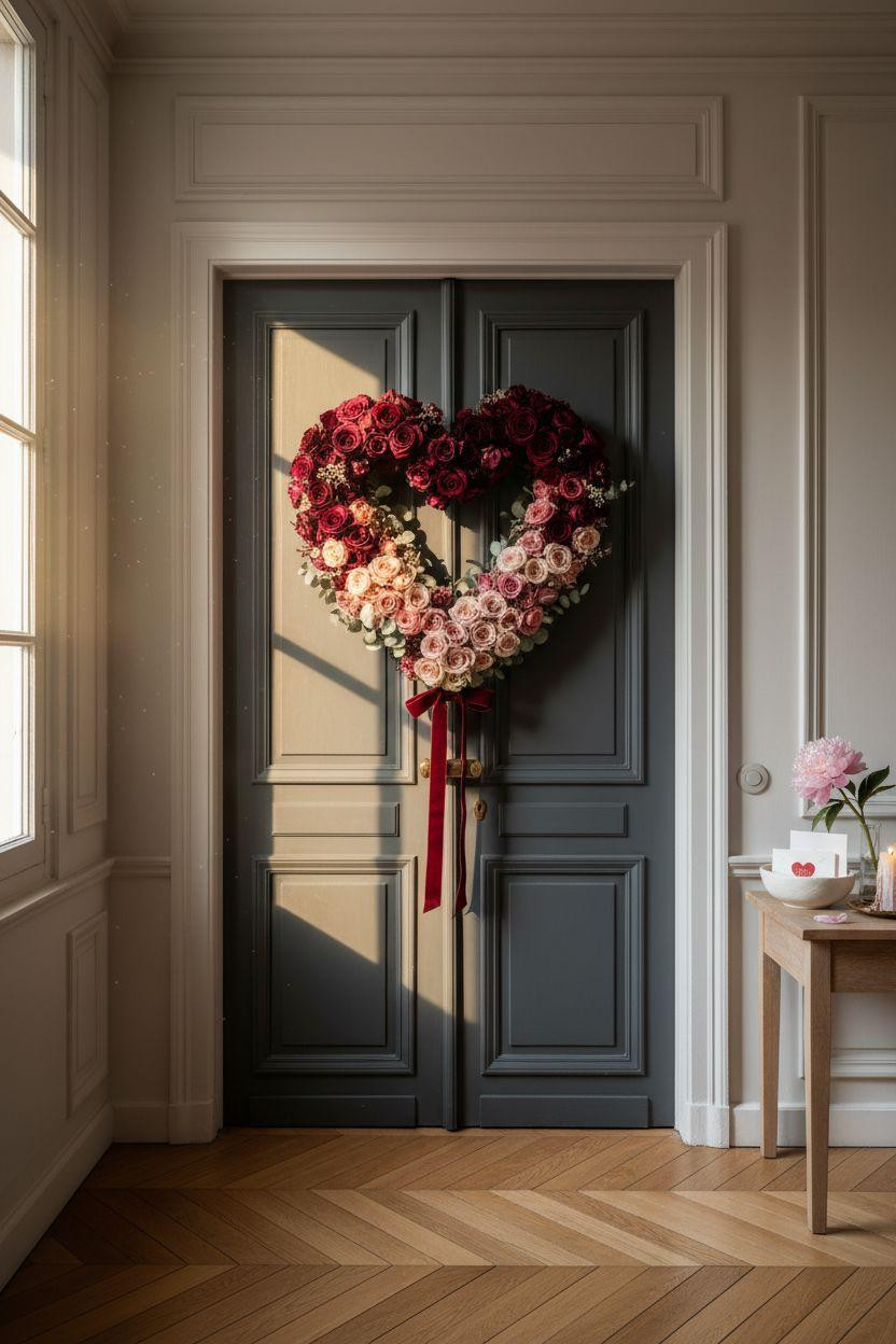 Valentine's Day wreath with heart shape in burgundy and blush on charcoal door