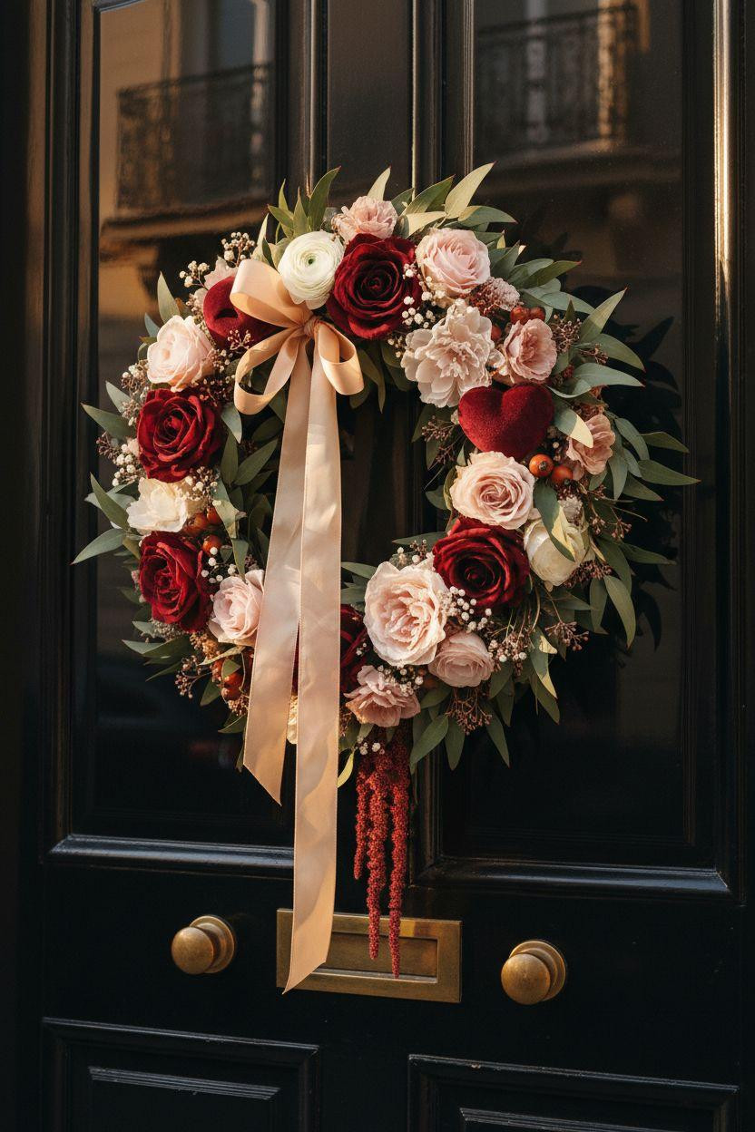 Valentine's Day wreath with burgundy to blush gradient roses on black door