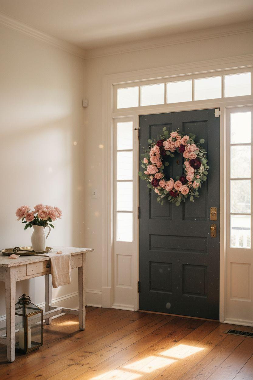 Valentine's Day wreath with blush peonies in Charleston historic entrance