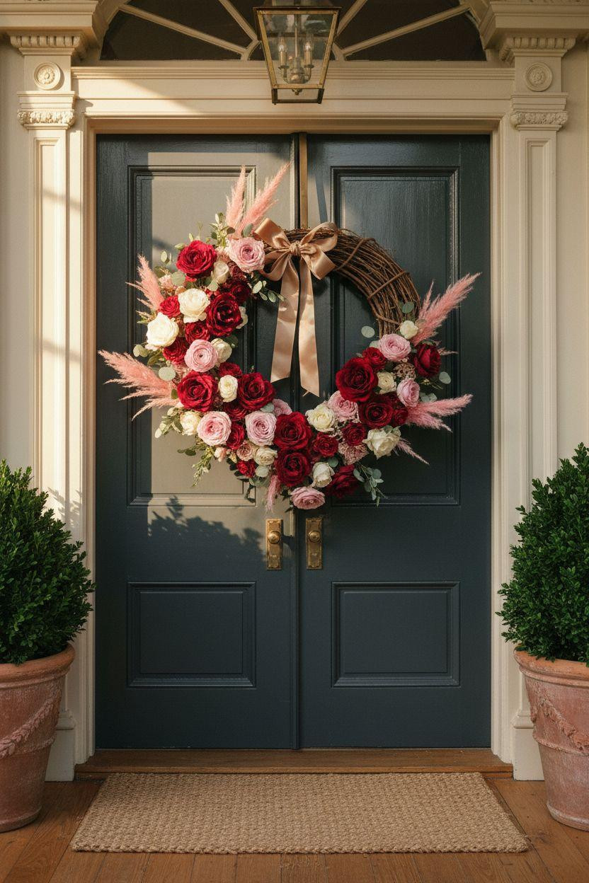 Valentine's Day wreath with burgundy roses and pampas grass on charcoal door
