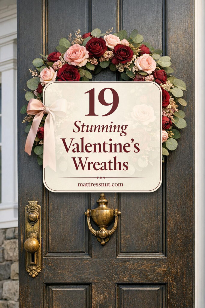 Burgundy and blush pink floral wreath with eucalyptus branches mounted on charcoal door with brass hardware