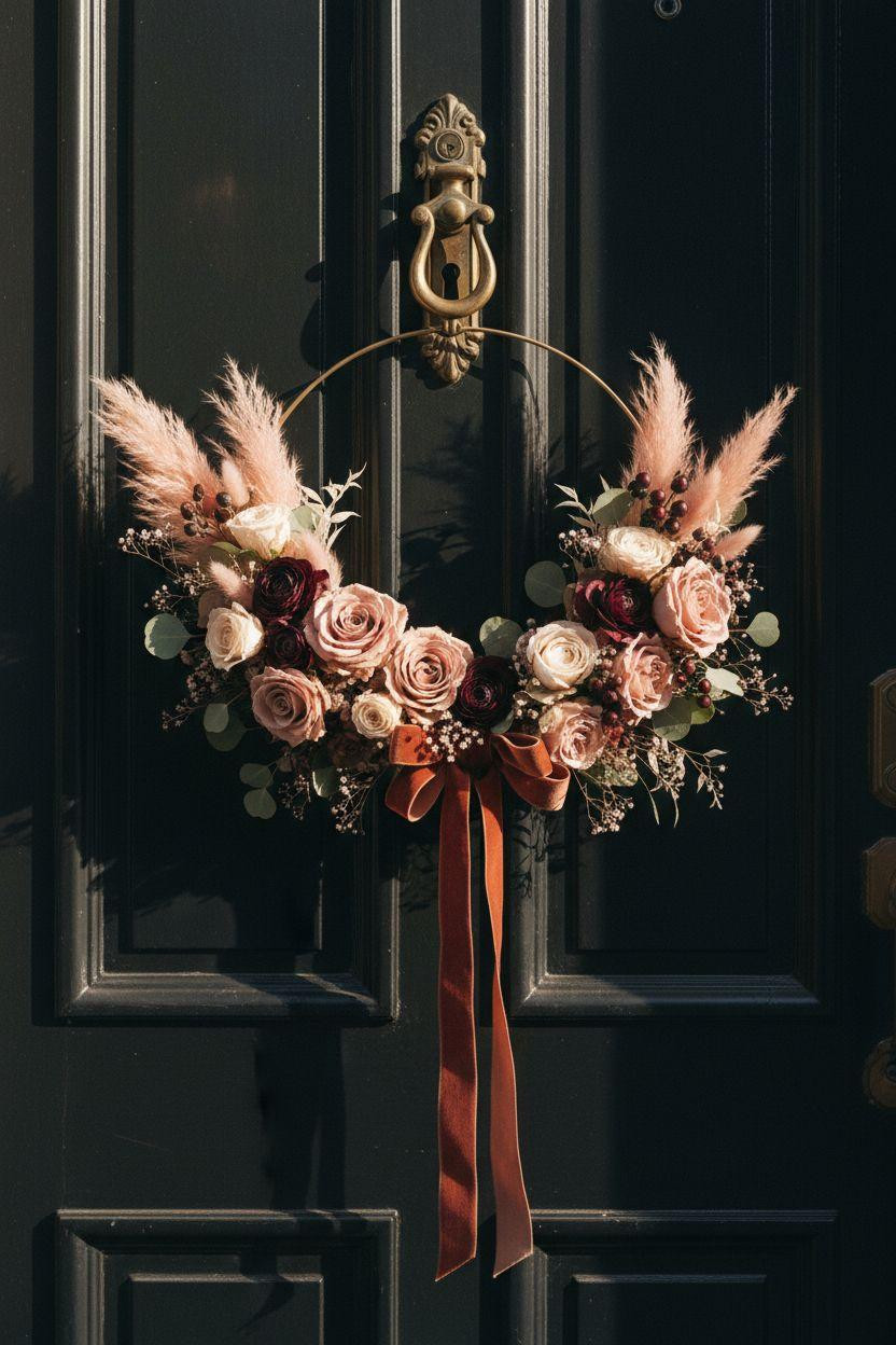 Valentine's Day wreath with terracotta velvet ribbon and brass wire frame