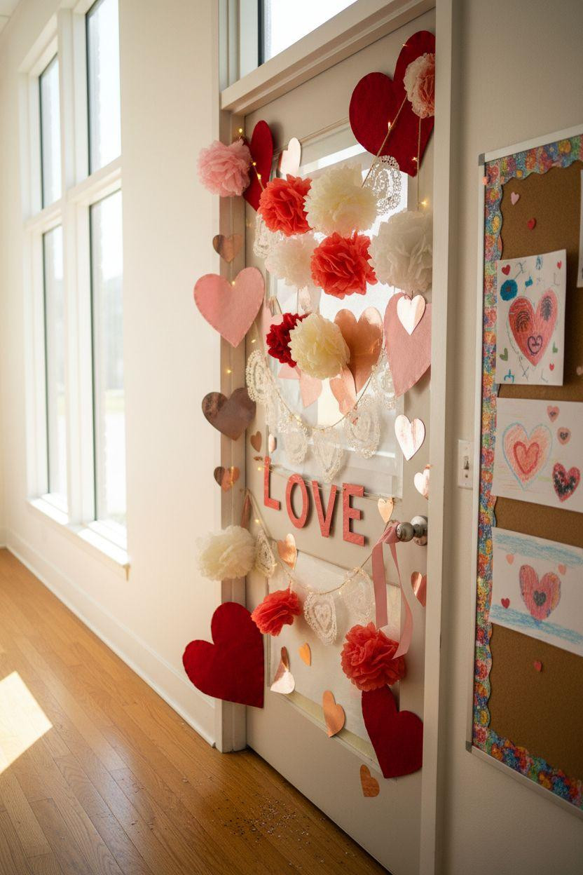 Valentines door decorations classroom with felt hearts and yarn details
