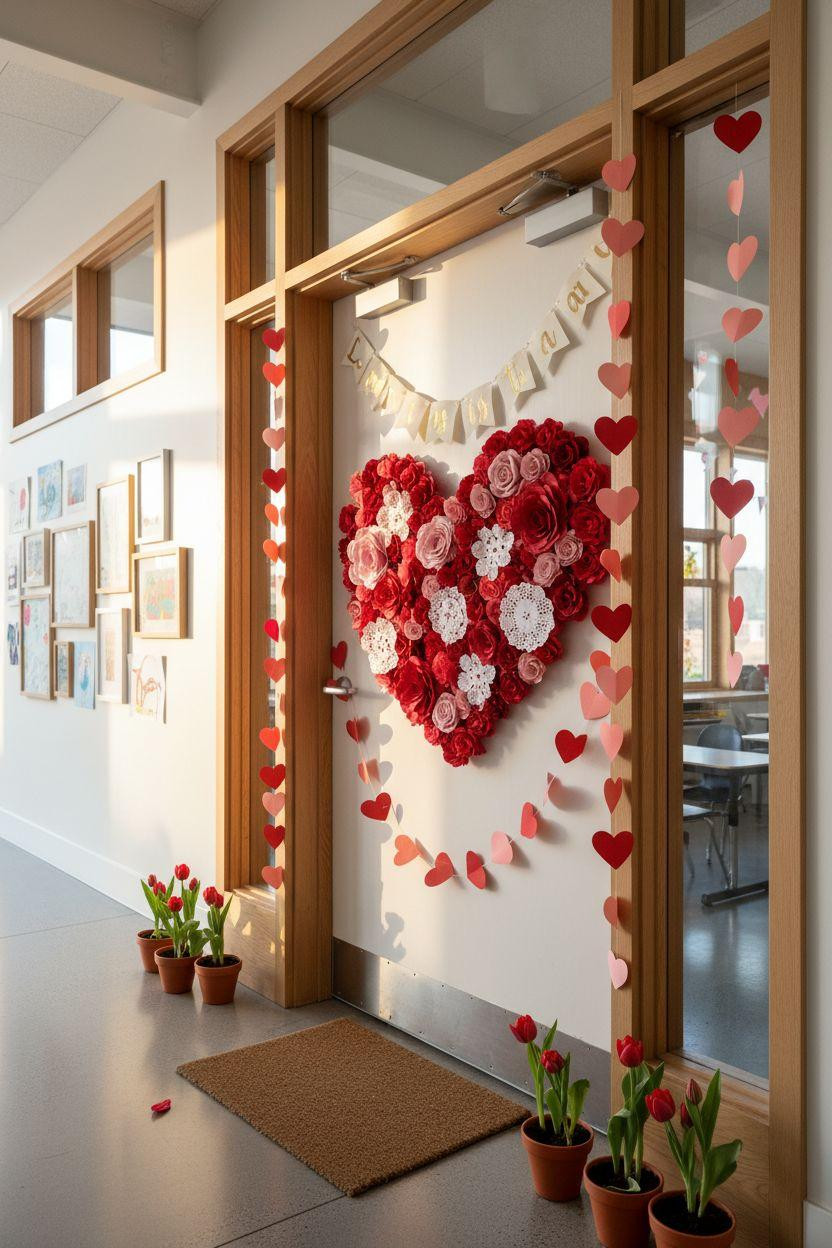 Valentines door decorations classroom with large tissue wreath