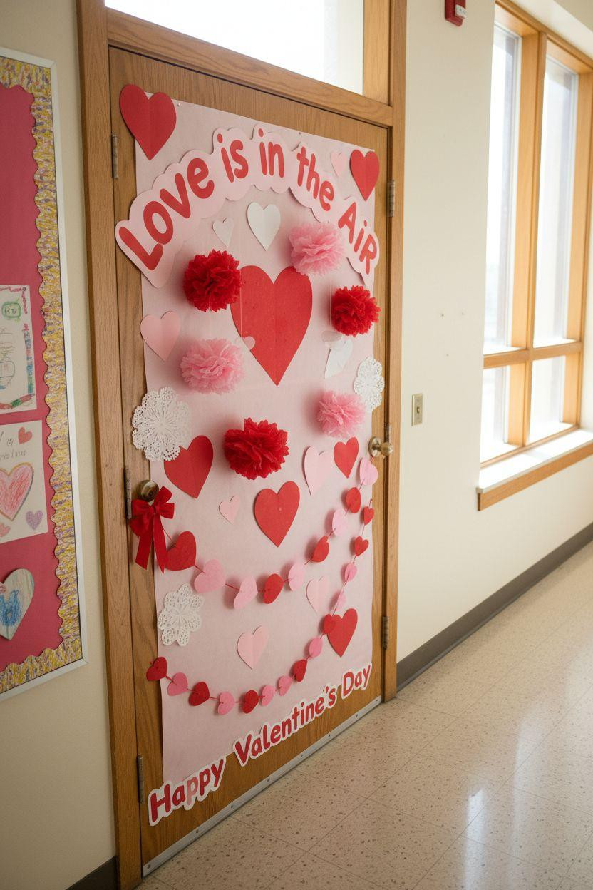 Valentines door decorations classroom with bright red and pink hearts