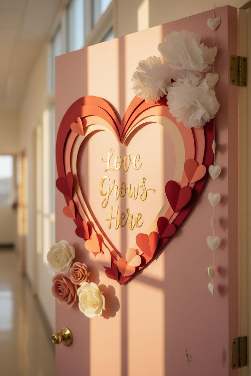 Valentines door decorations classroom with minimalist blush aesthetic