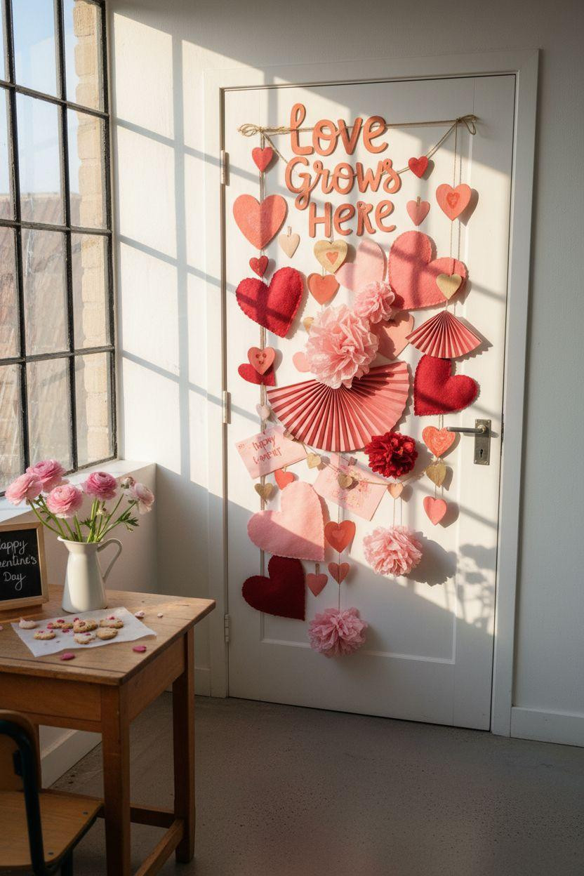 Valentines door decorations classroom with abundant handcrafted elements