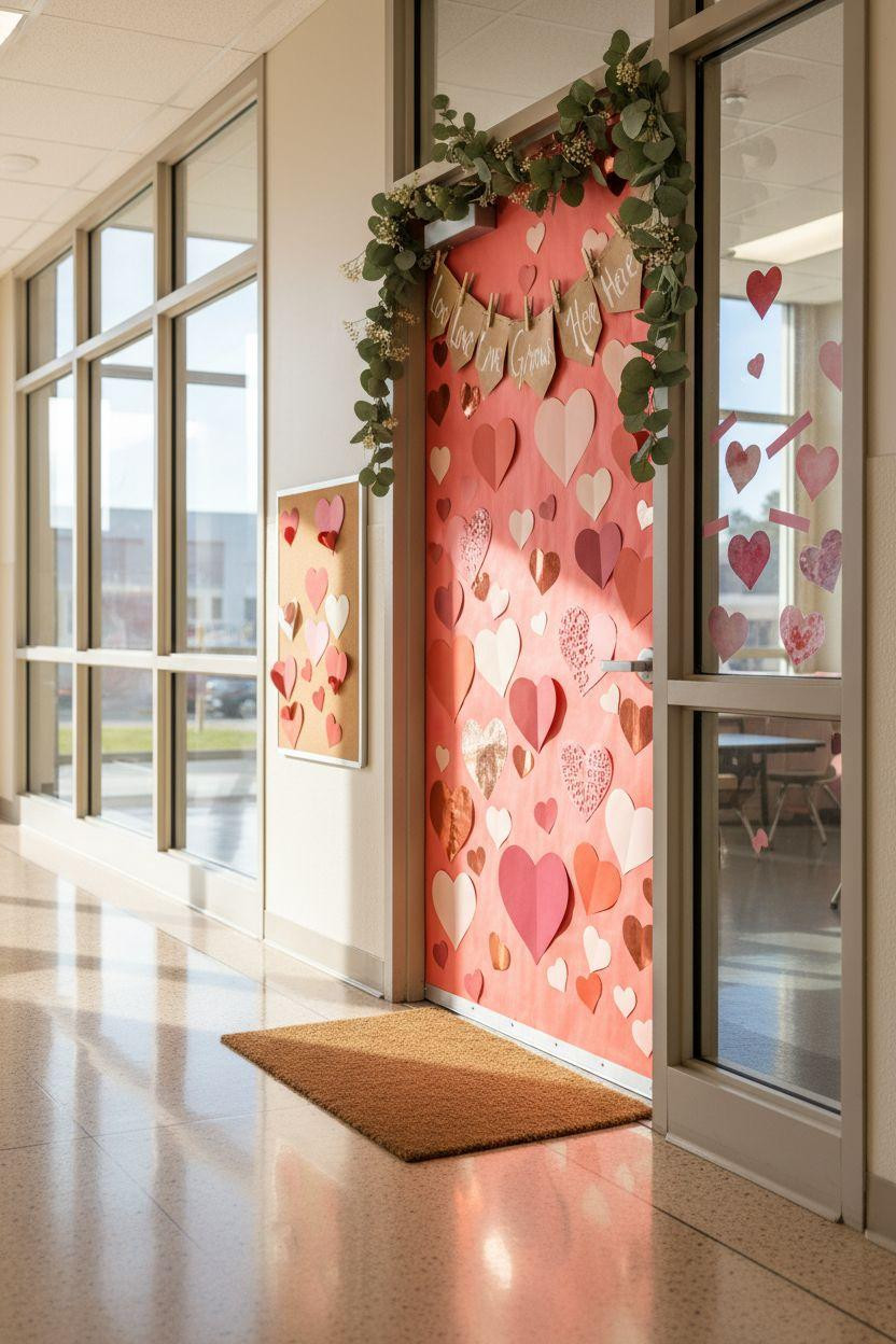 Valentines door decorations classroom with coral background and heart layers