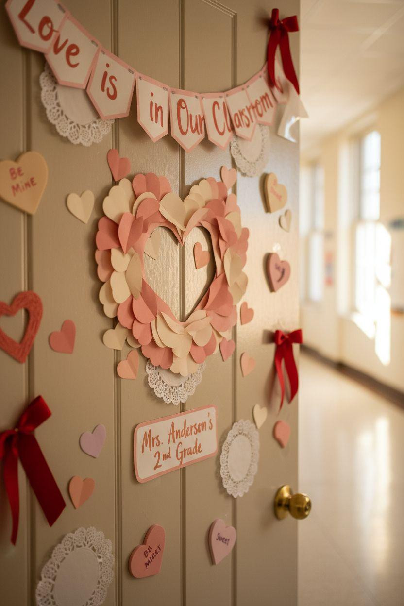 Valentines door decorations classroom with heart wreath and ribbon bows