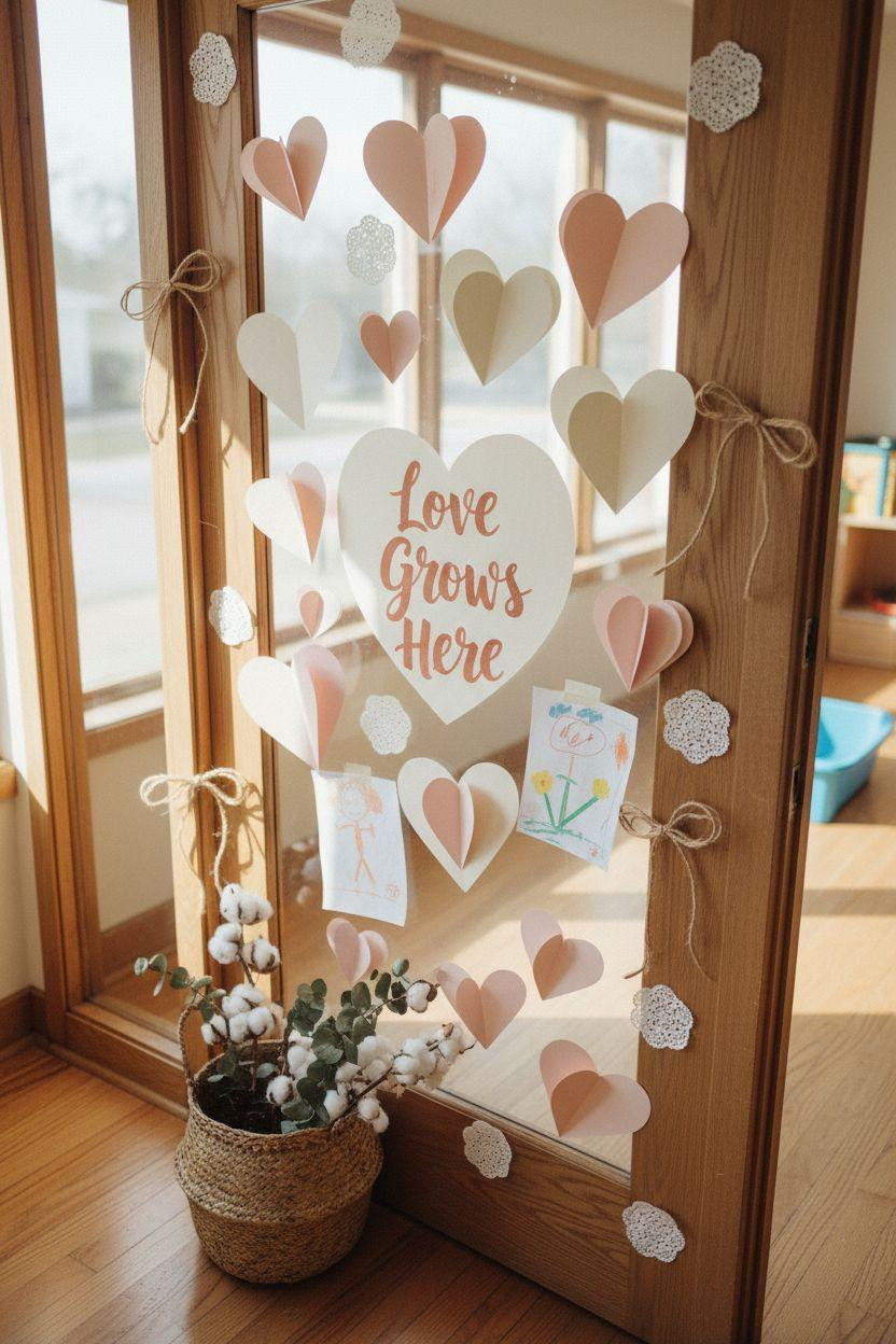 Valentines door decorations classroom with natural elements and soft colors