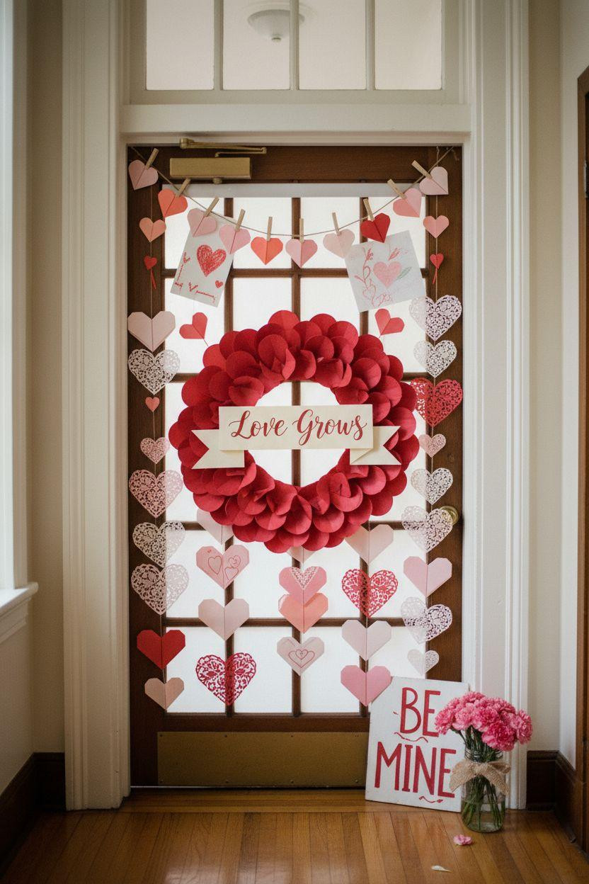 Valentines door decorations classroom with paper wreath and student cards