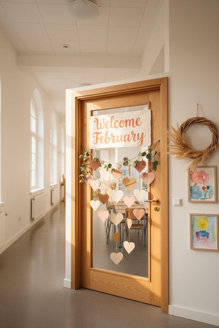 Valentines door decorations classroom with natural materials
