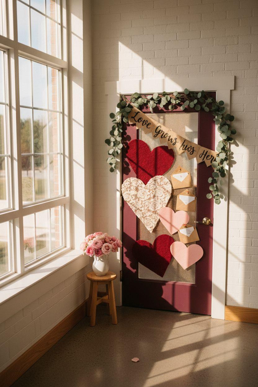 Valentines door decorations classroom with burgundy background