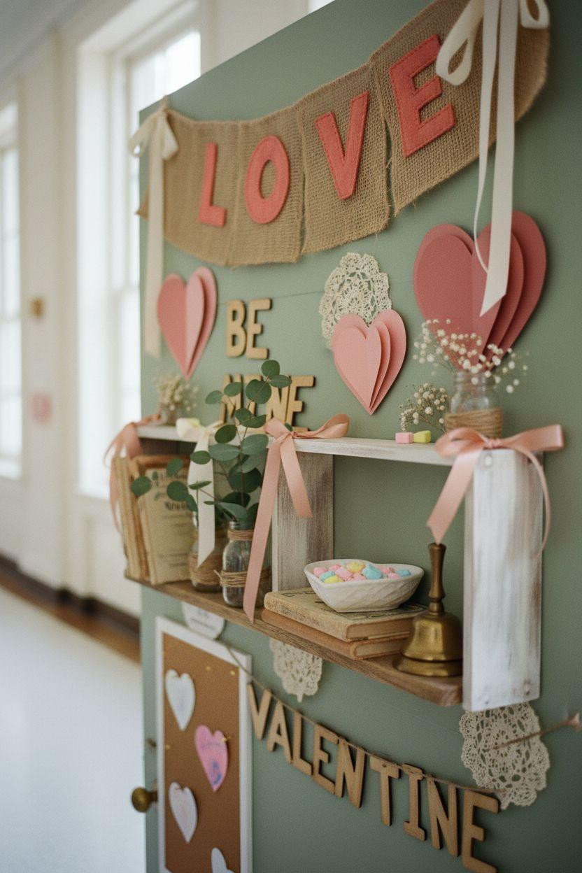Valentines door decorations classroom with burlap and natural elements