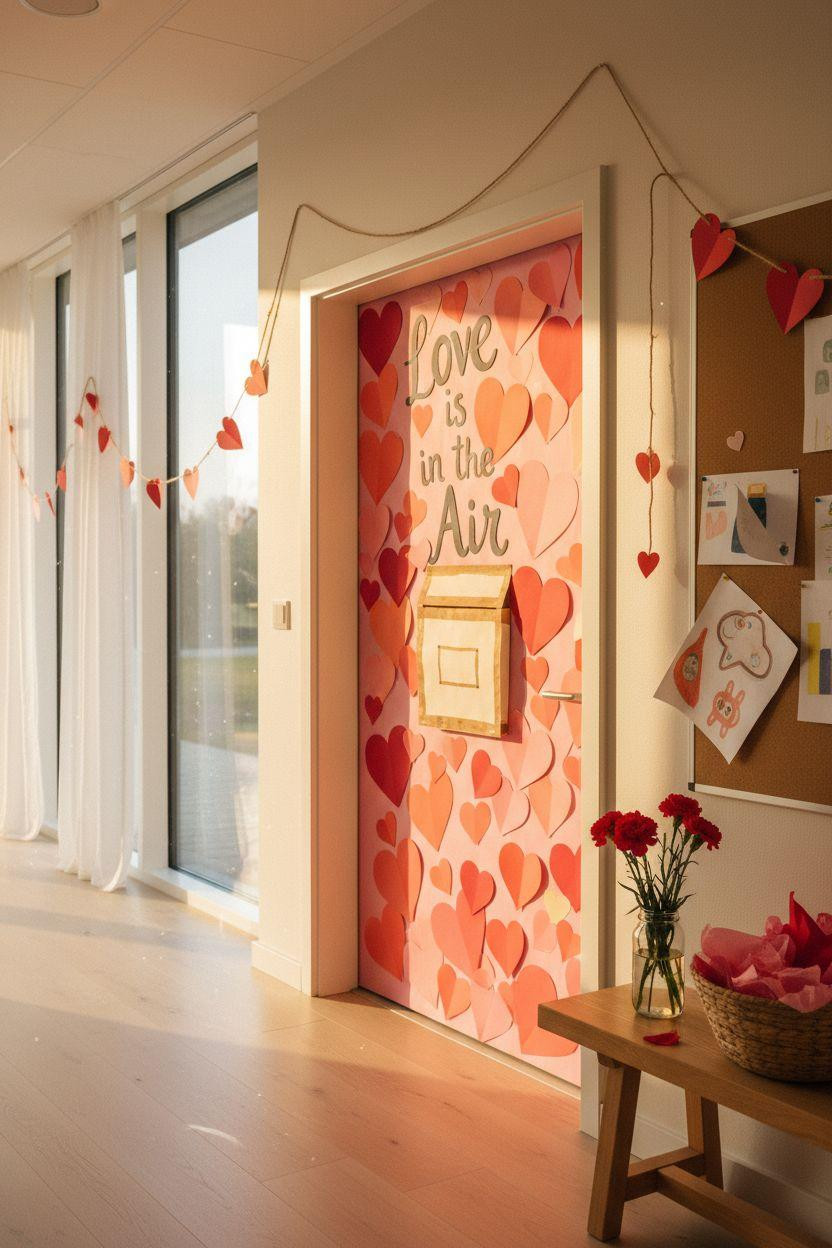 Valentines door decorations classroom in bright hallway setting