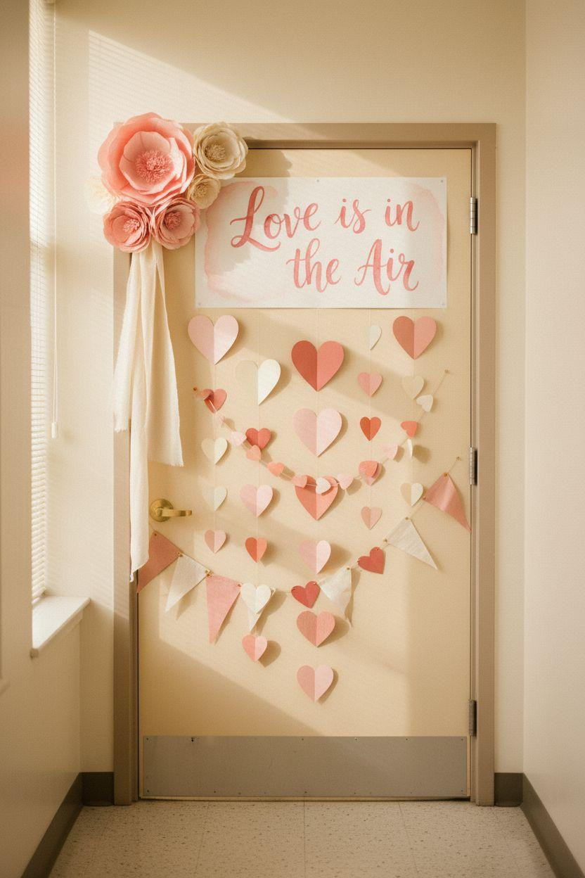 Valentines door decorations classroom with tissue flowers and minimal design