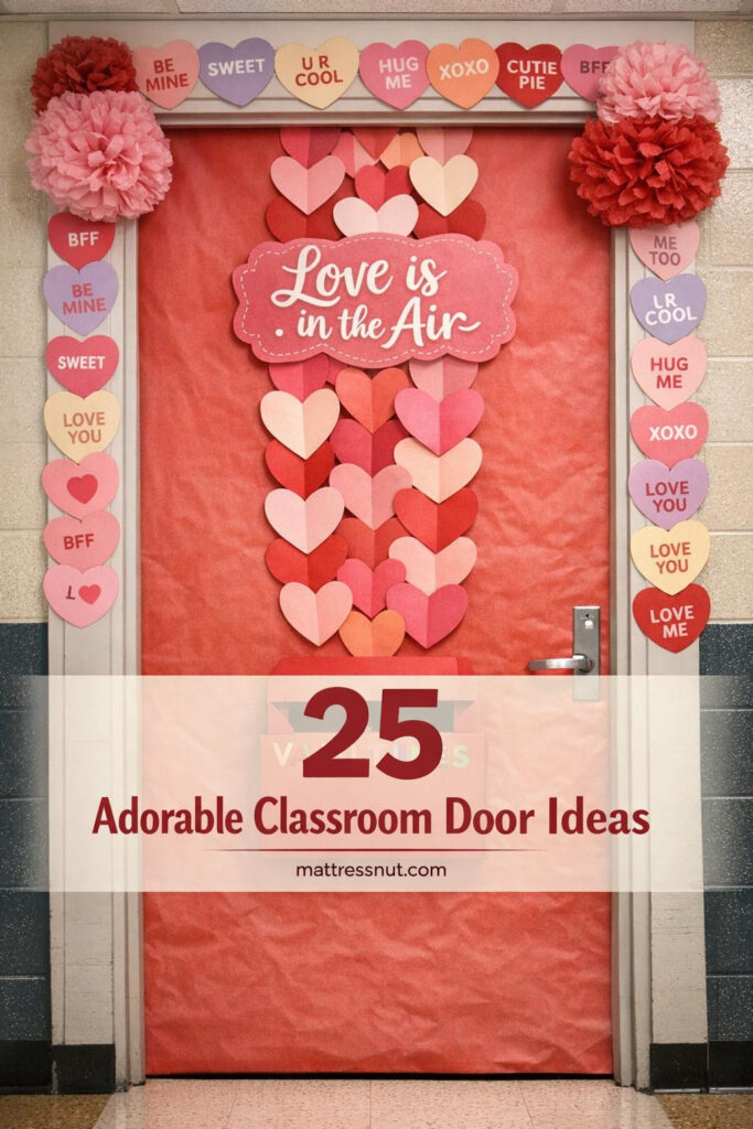Red paper-wrapped classroom door with cascading pink heart garland, conversation hearts border, card mailbox, and tissue pom-poms