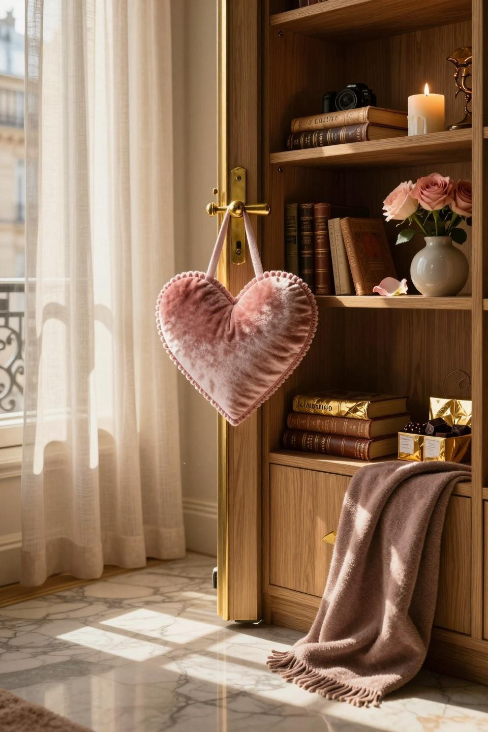 valentines door hanger - aged velvet heart on brass hardware