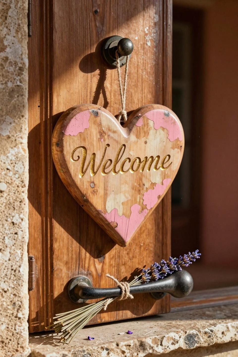 valentines door hanger - carved walnut heart with gold script