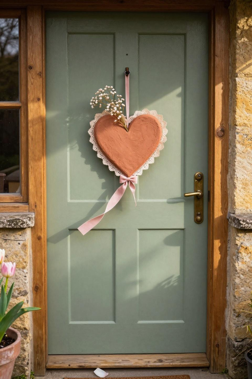 valentines door hanger - terracotta heart on sage shiplap door