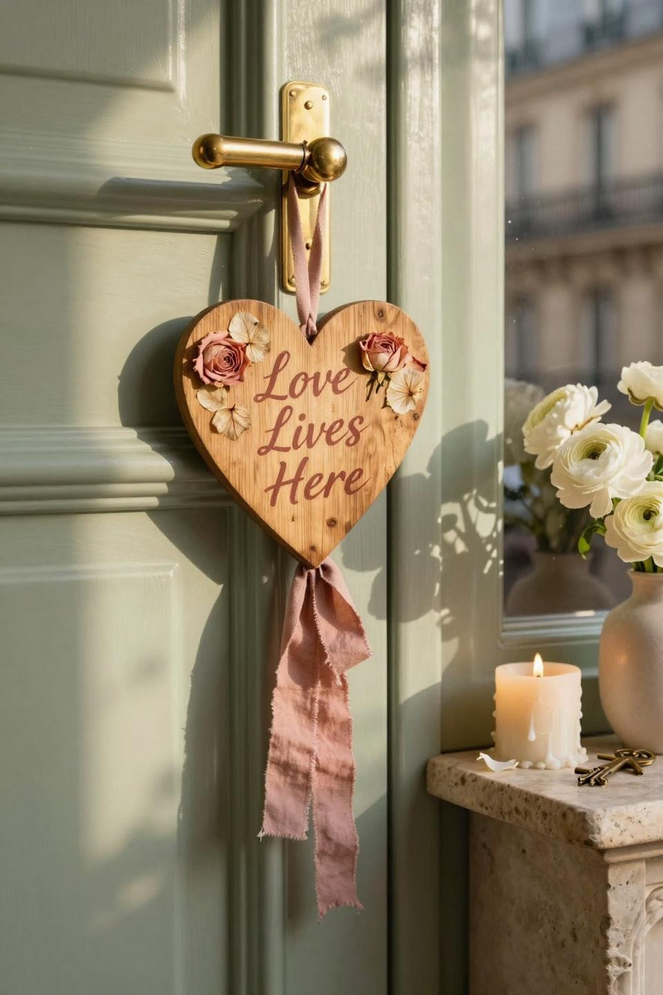 valentines door hanger - terracotta heart on sage painted door