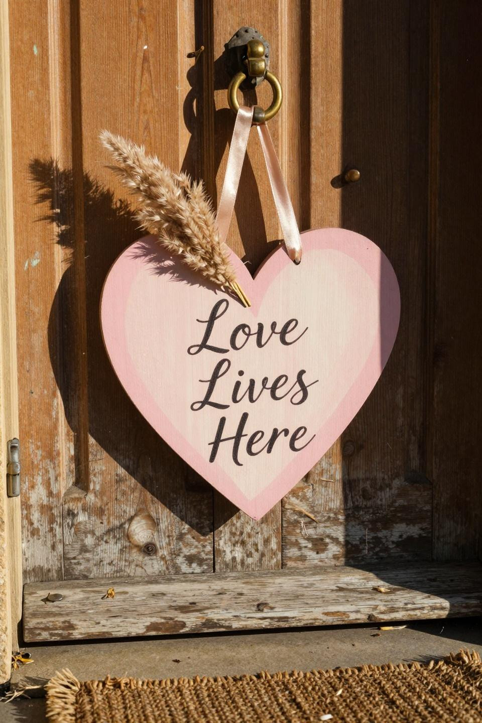 valentines door hanger - hand-painted blush heart on honey oak door