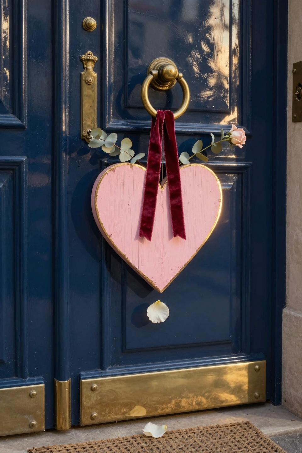 valentines door hanger - pink heart on navy lacquered door