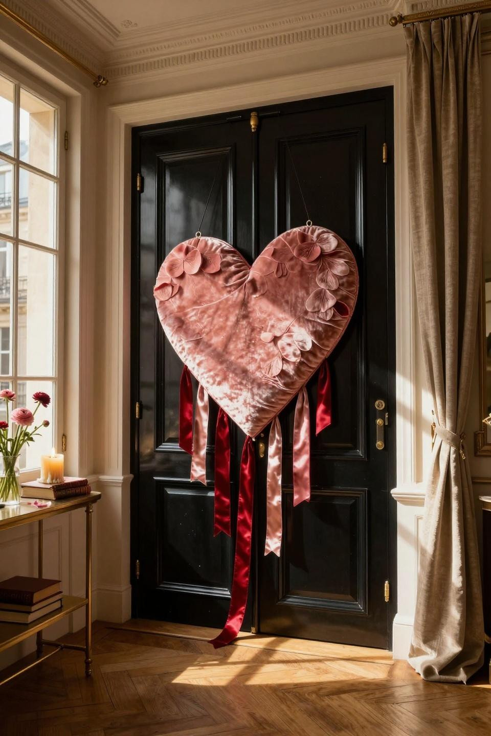 valentines door hanger - velvet heart with cascading ribbons