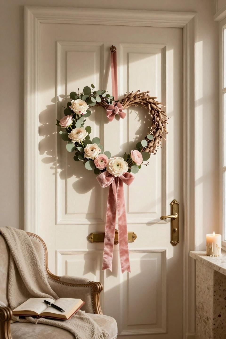 valentines door hanger - blush velvet heart wreath with fresh roses