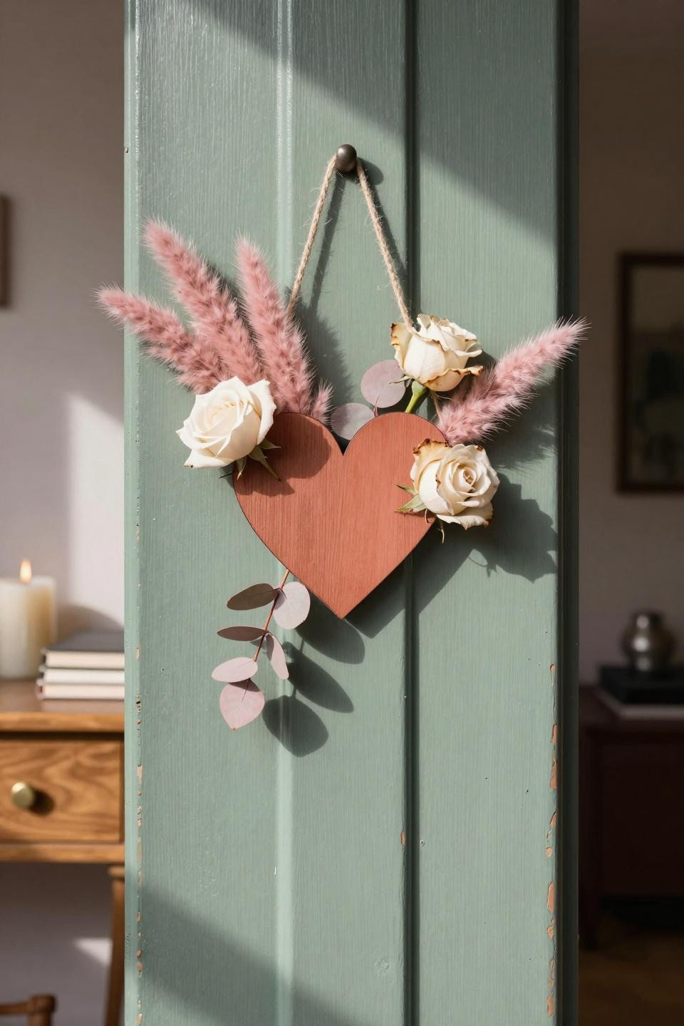 valentines door hanger - terracotta heart on sage green door