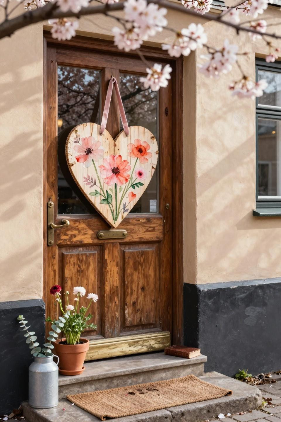 valentines door hanger - watercolor birch heart on teak door