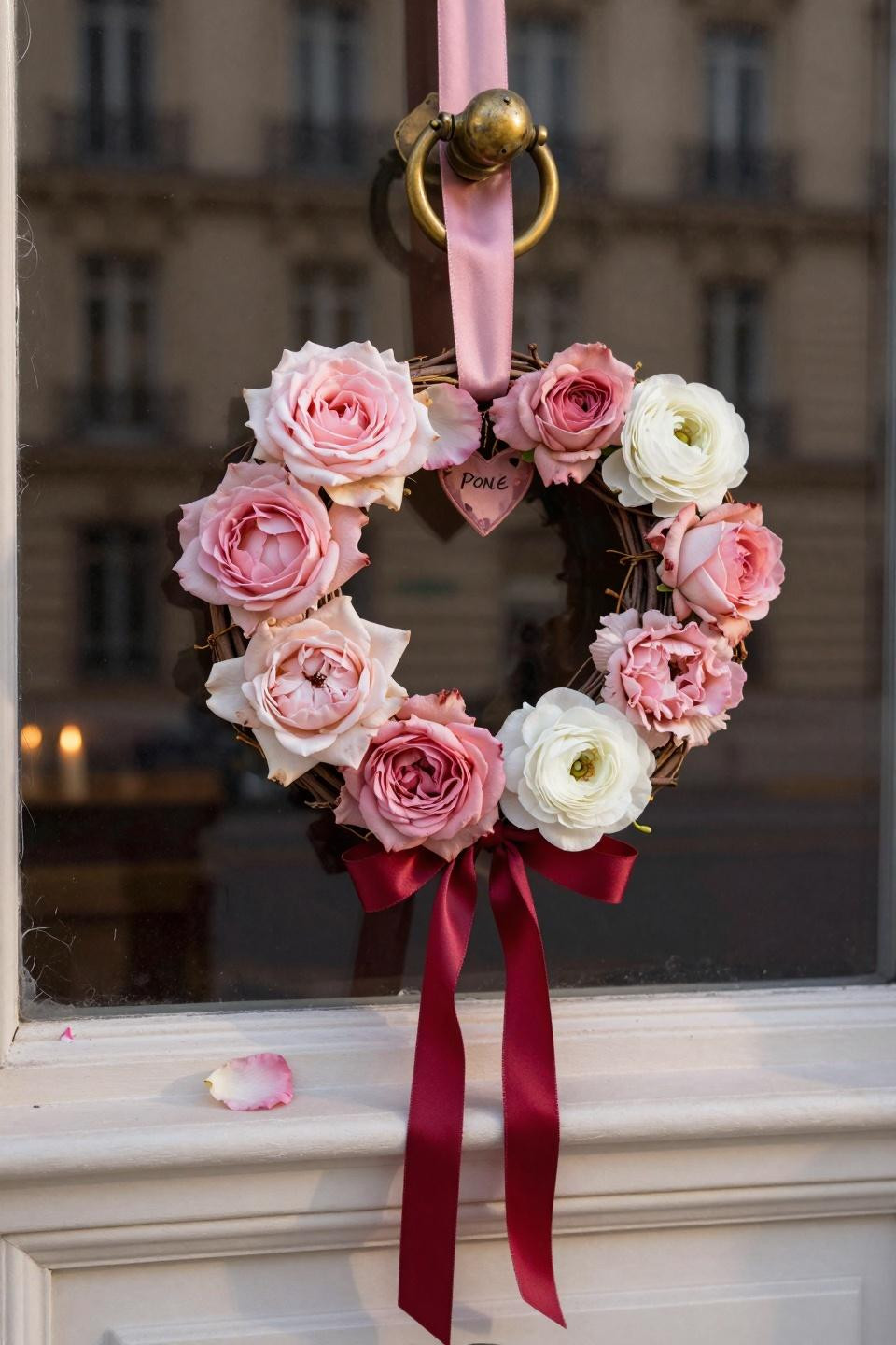 valentines door hanger - crimson silk heart with preserved roses