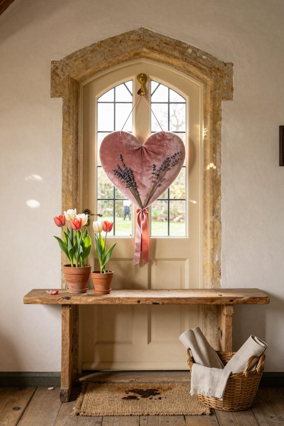 valentines door hanger - velvet heart on arched oak door