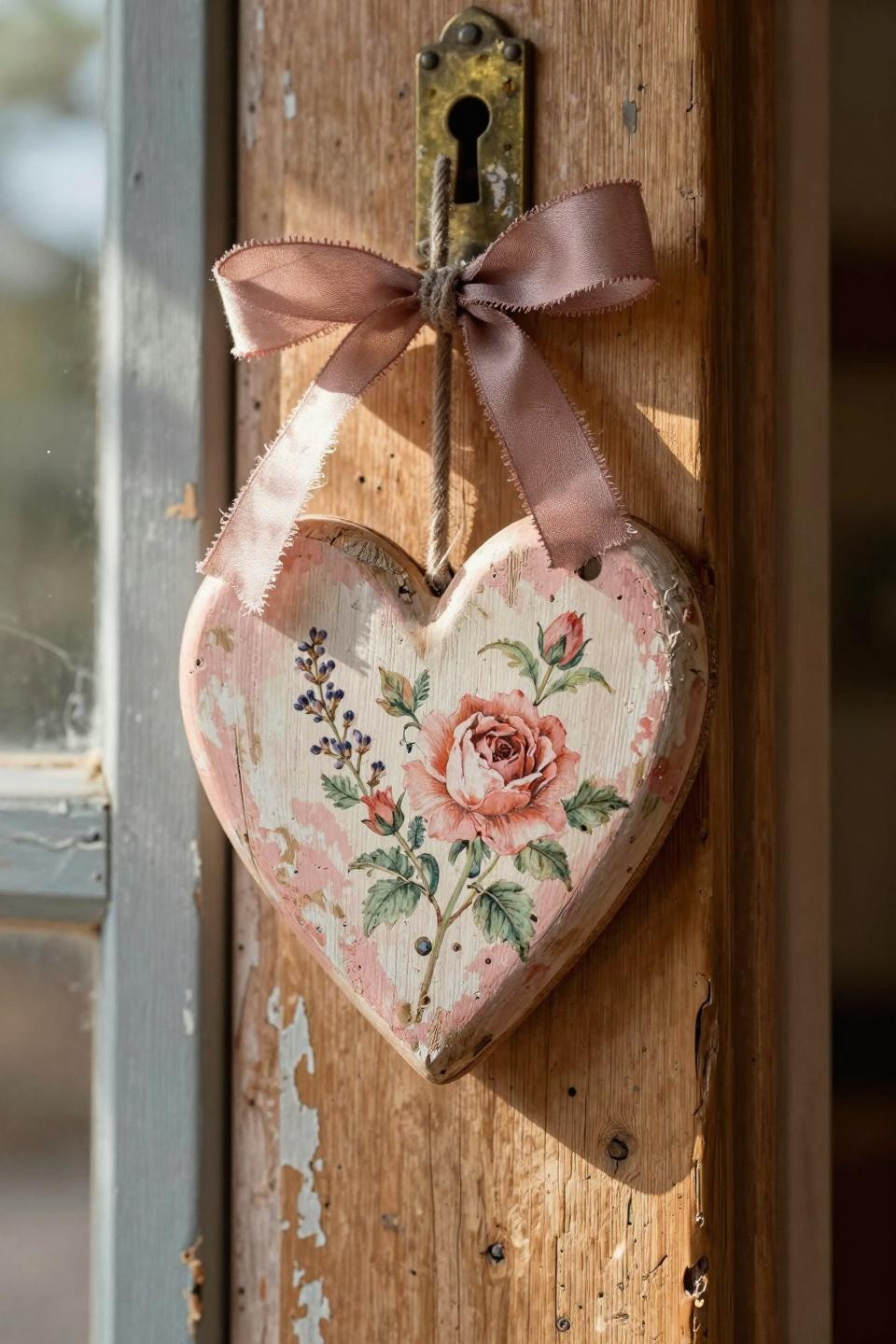 valentines door hanger - carved wood heart with painted roses