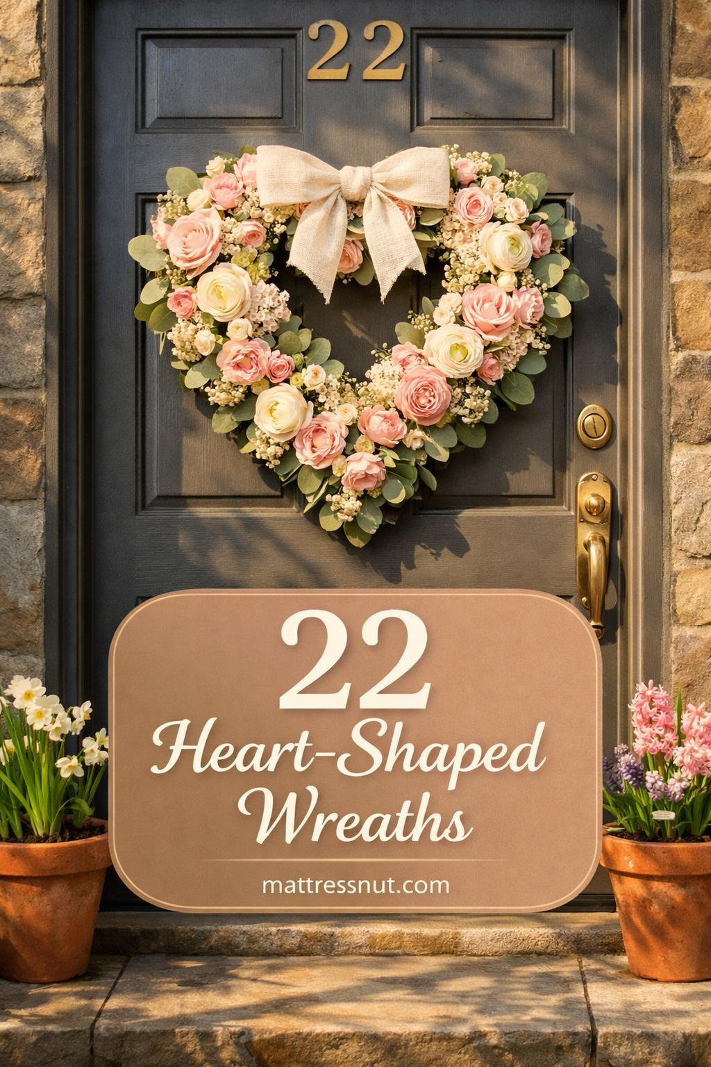 Heart-shaped wreath with red roses and pink ribbon hanging on white front door with decorative brass knocker