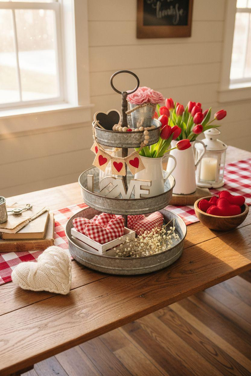 Valentine's farmhouse decor with tiered tray featuring handmade hearts and vintage valentines