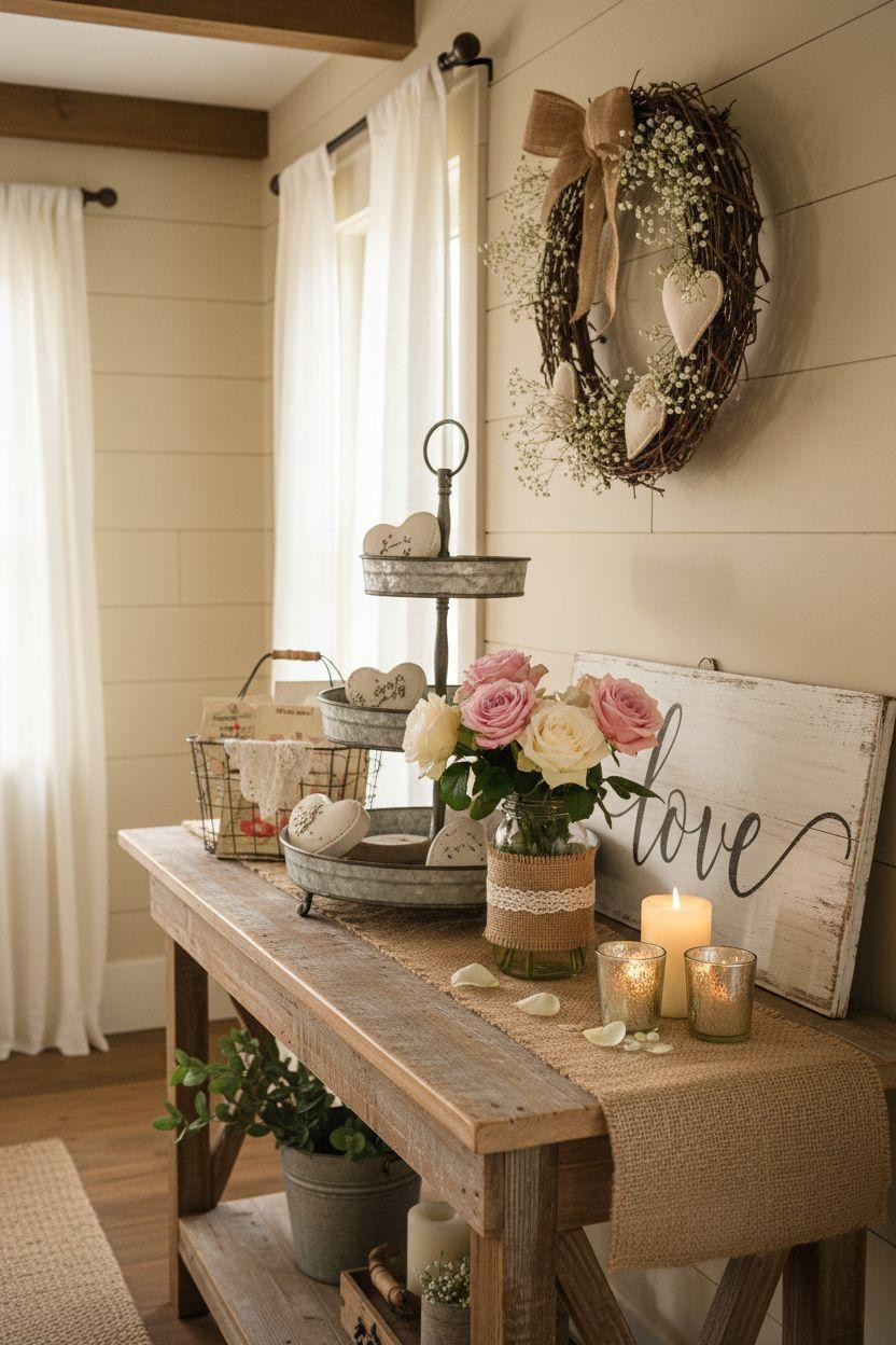 Valentine's farmhouse decor featuring rustic love accents and natural fiber textures