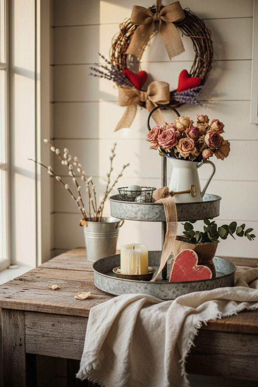 Valentine's farmhouse decor showcasing galvanized tray with dried roses and rustic hearts