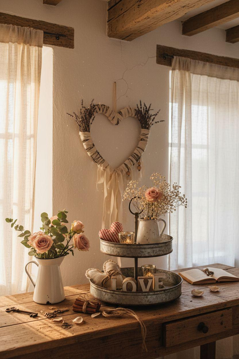 Valentine's farmhouse decor with three-tier tray styled with fabric hearts and vintage details