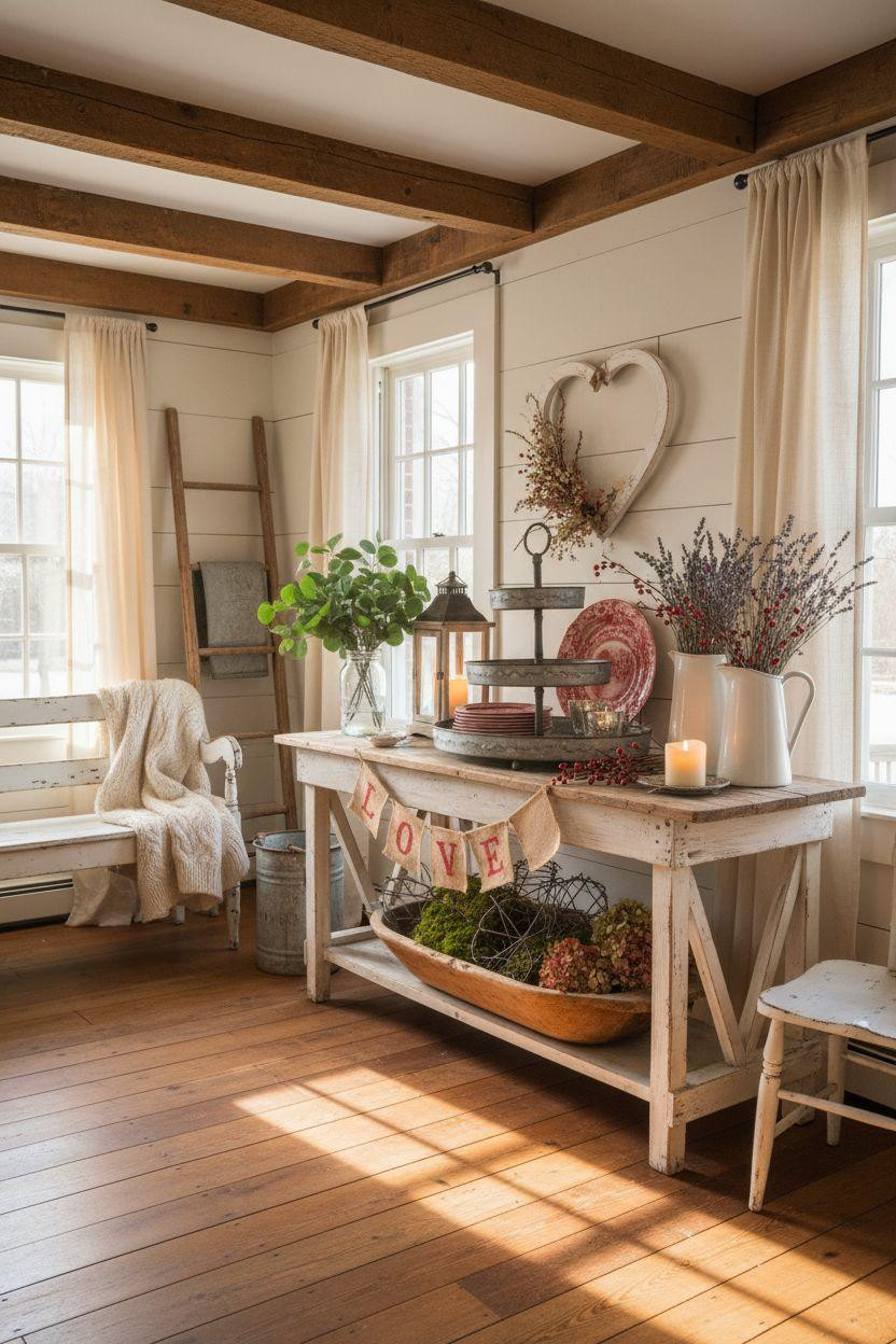 Valentine's farmhouse decor featuring rustic love styling with handmade elements