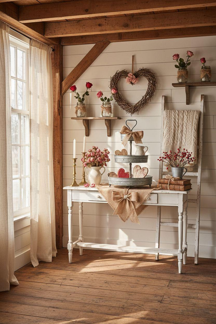 Valentine's farmhouse decor in shabby chic valentine style with weathered whites