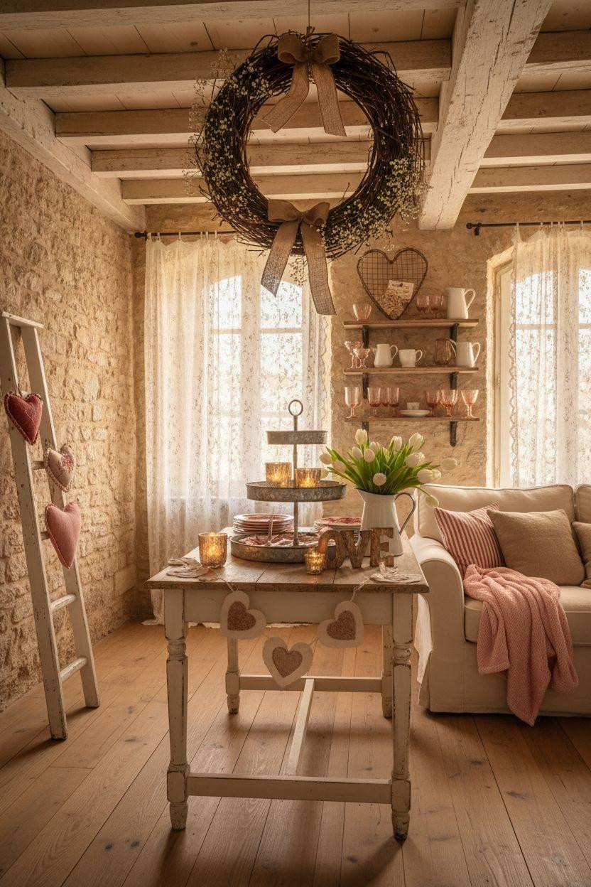 Valentine's farmhouse decor in vintage style with aged patina and romantic details
