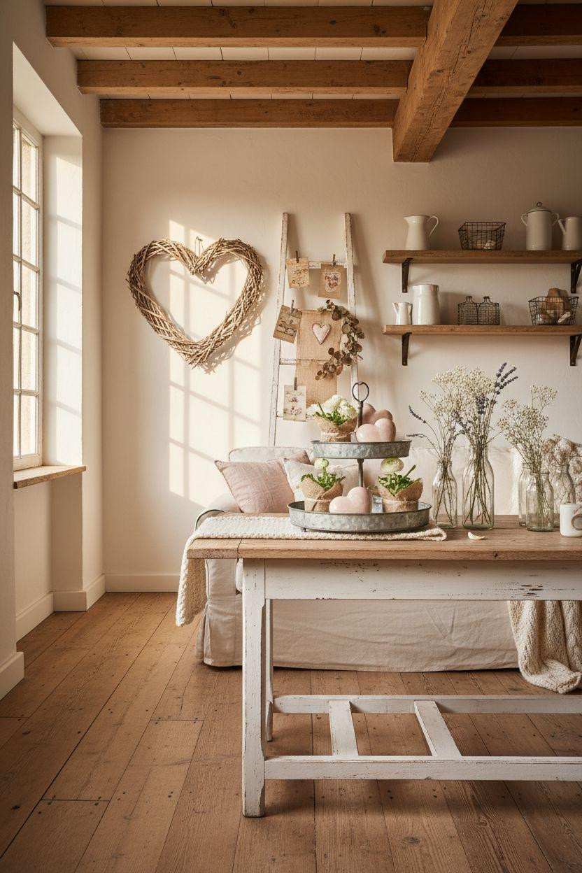 Valentine's farmhouse decor featuring country love styling with natural elements