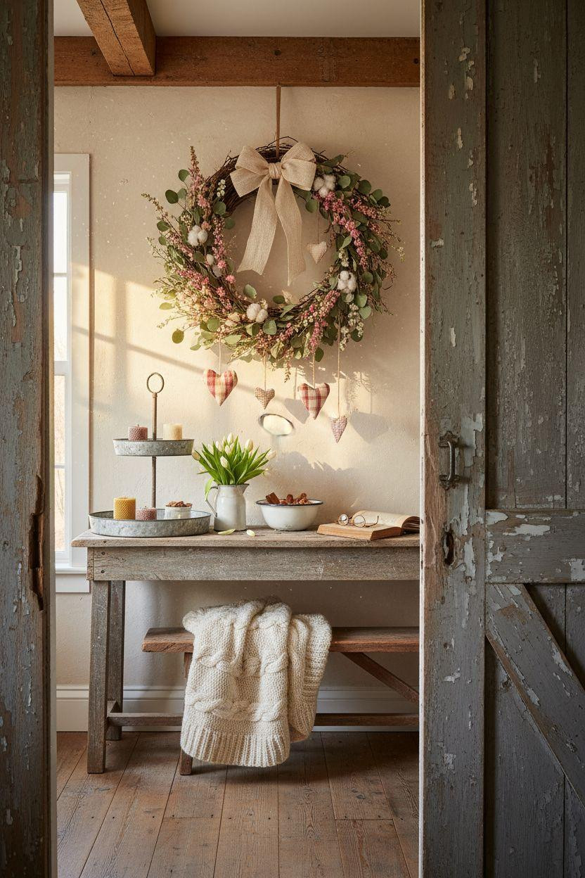 Valentine's farmhouse decor wreath with rustic natural elements and romantic styling