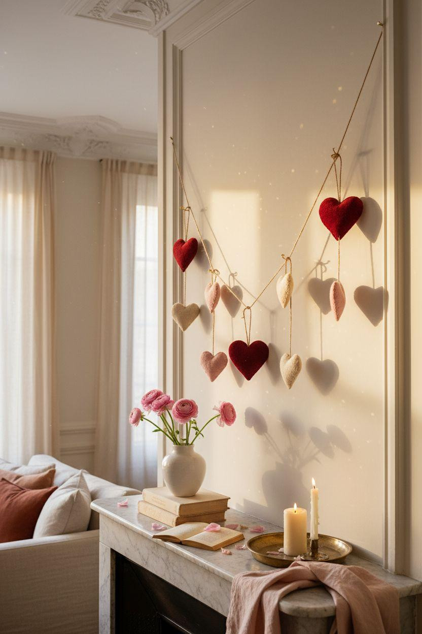 Valentine's garland - felt hearts in crimson and blush strung above mantel