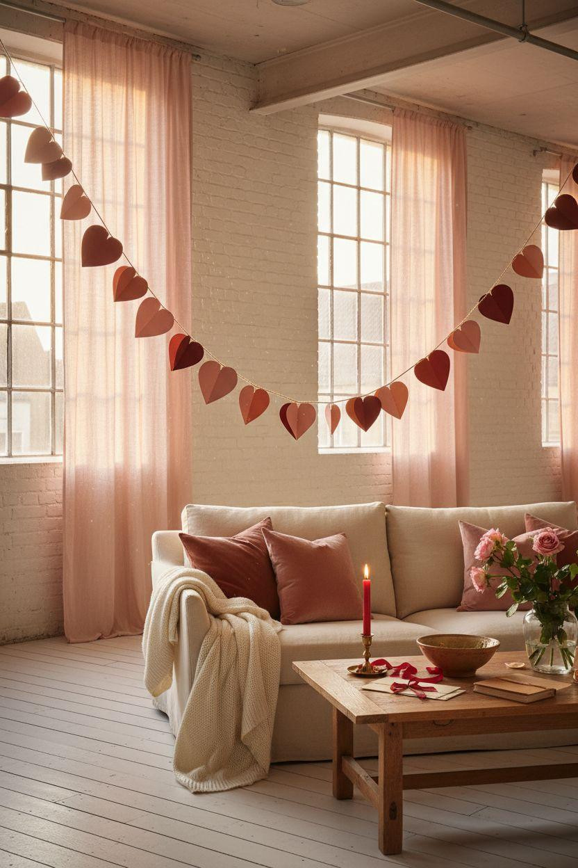 Valentine's garland - crimson and blush hearts on reclaimed elm table