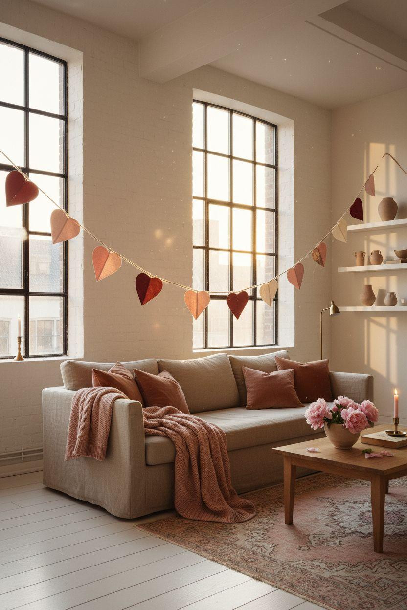 Valentine's garland - paper hearts creating shadow patterns in bright room
