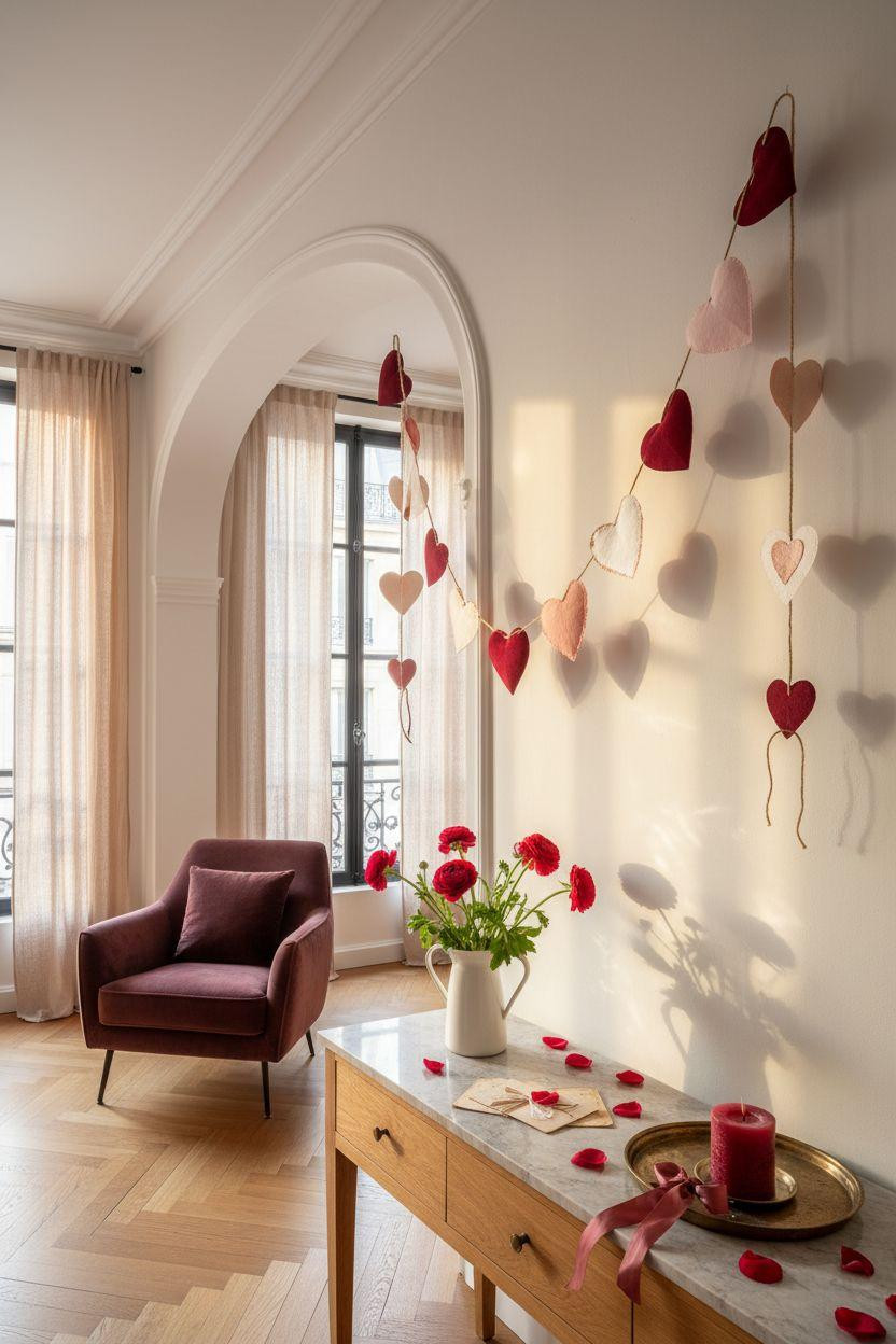 Valentine's garland - layered hearts suspended across architectural arch